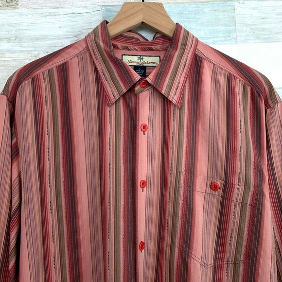 Tommy Bahama Pure Silk Striped Shirt Pink Button Front Jacquard Mens Large - Picture 2 of 6